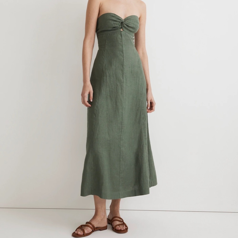 Madewell Olive Green Strapless Midi Dress